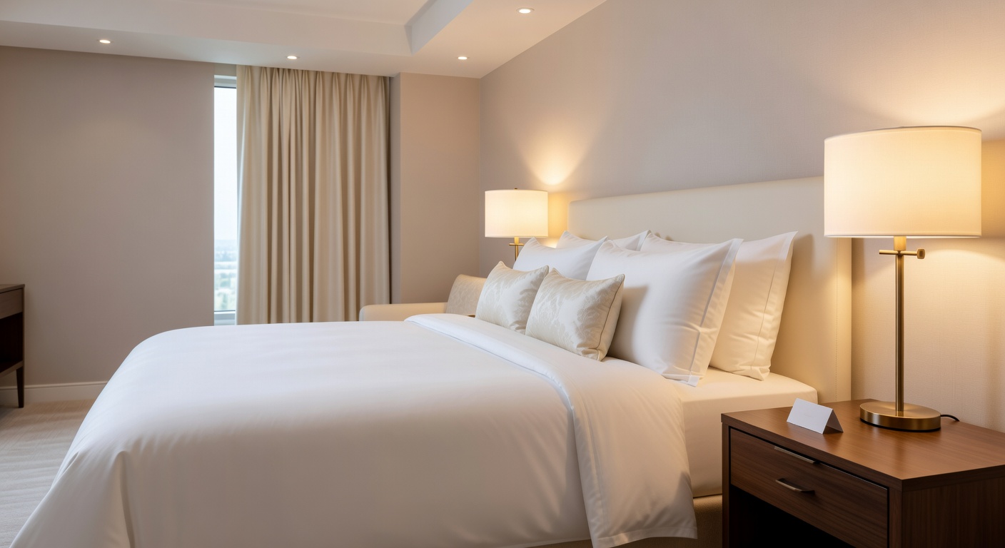 Deluxe king room interior with white linens and warm lighting