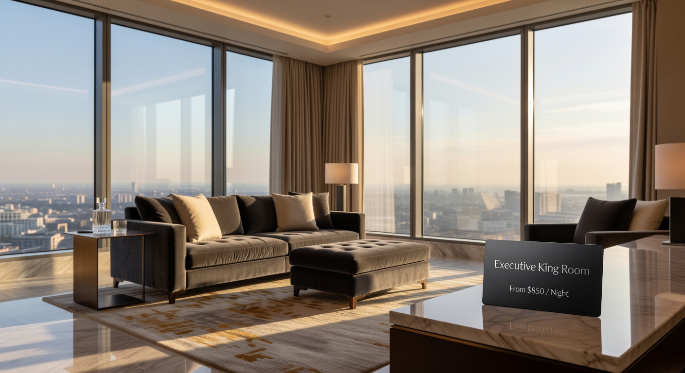 Luxury corner suite with floor-to-ceiling windows and lounge area