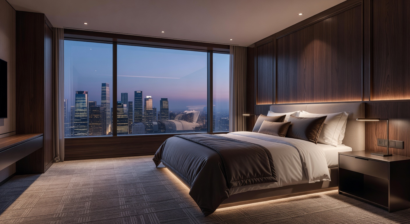 Luxury deluxe suite interior with king bed and panoramic view