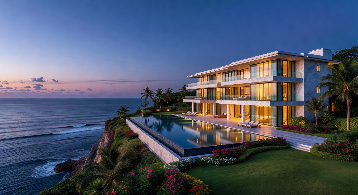 Ocean view luxury resort main building at twilight
